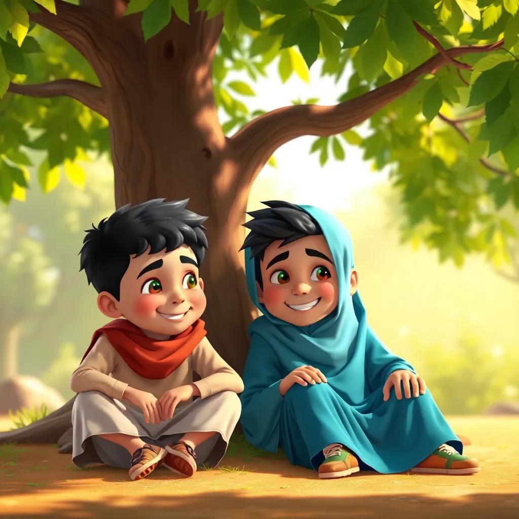 Two friends, Adam, and Yahya, childhood buddies, sitting under a tree and discussing their worries, cheerful expressions, digital art, bright colors, warm sunlight, high-quality