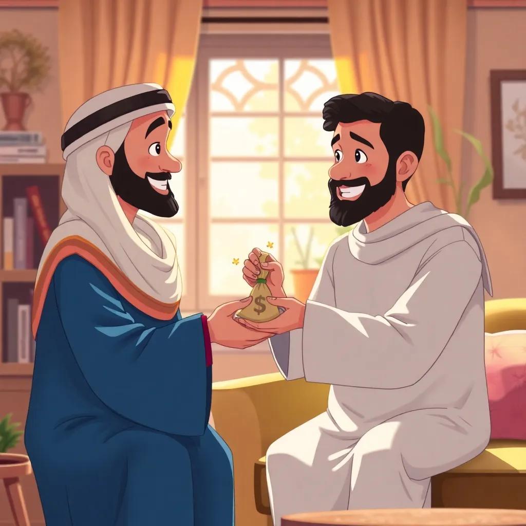 Yahya handing Adam a small bag of money with a warm smile, in a cozy room, filled with sunlight, showcasing friendship, illustration, inviting atmosphere, vibrant