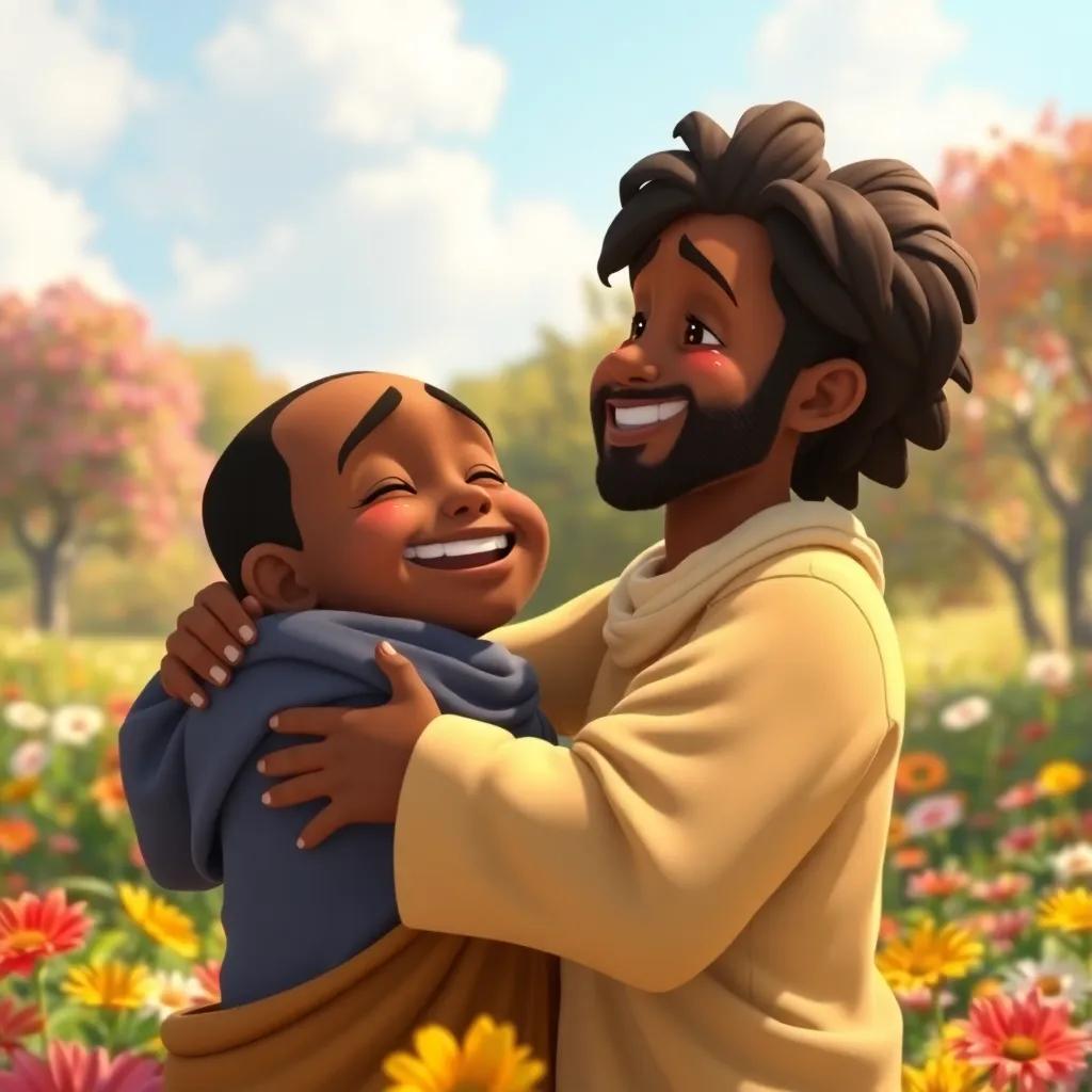 Adam showing gratitude to Yahya with happy tears, hugging him in a heartfelt moment, in a sunny park, colorful flowers around, digital painting, uplifting scene, high quality