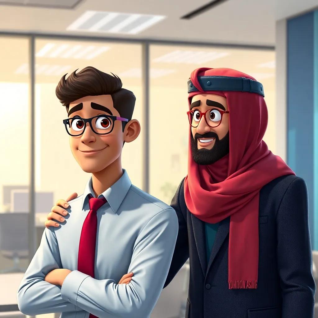 Adam preparing for an important meeting with Yahya supporting him, both dressed in smart casual, a bright office background, professional atmosphere, digital art, detailed
