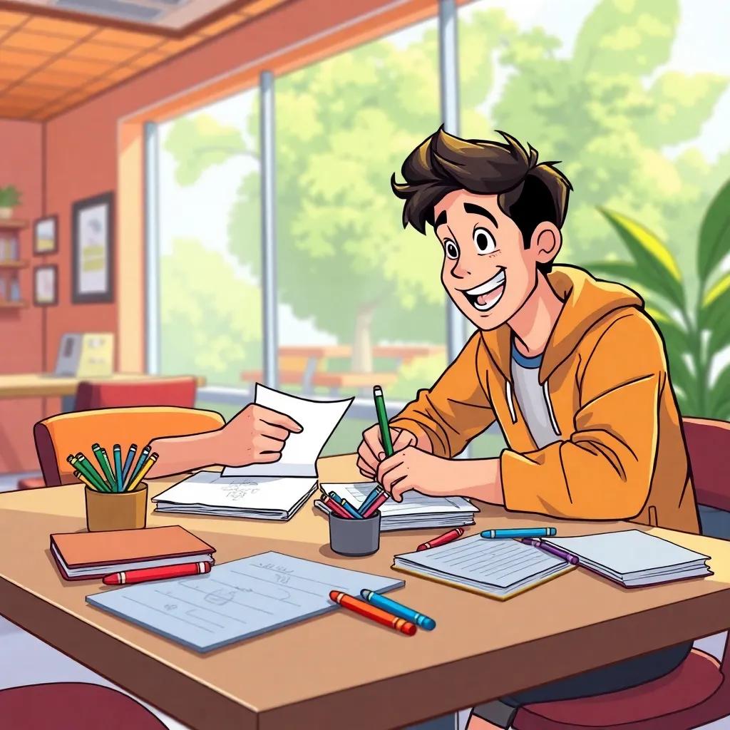 Yahya and Adam brainstorming ideas for their new project, surrounded by notebooks and markers, working at a table in a sunny cafe, cheerful and energetic, illustration, vibrant mood