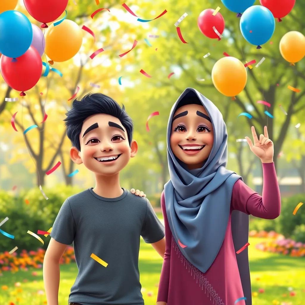 Celebration of friendship with confetti and balloons, Adam and Yahya smiling in a beautiful park, enjoying their success, colorful scene, joyful atmosphere, high-quality