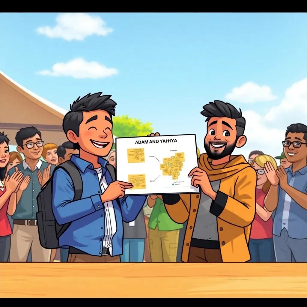 Adam and Yahya presenting their successful project to the public, happy faces, a crowd clapping, outdoor event, bright sunshine, illustration, positive energy, detailed