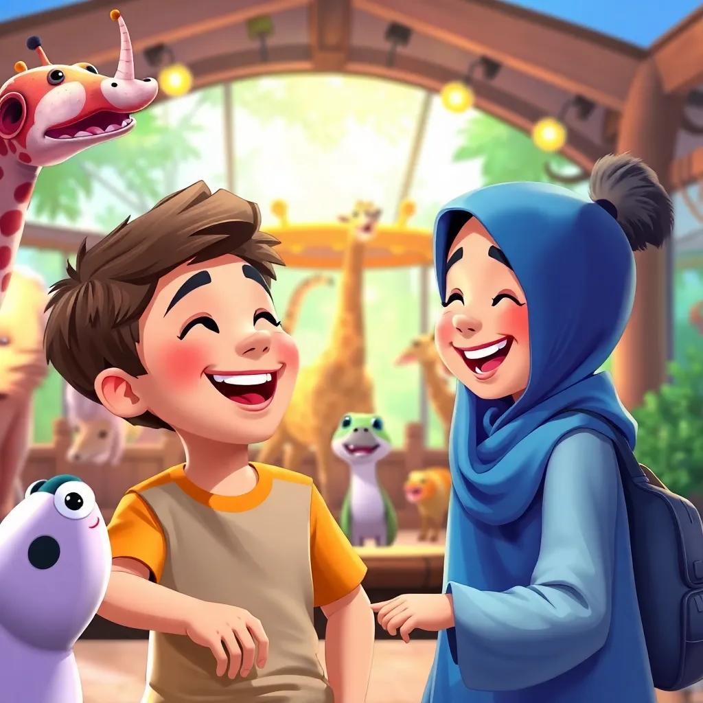 A playful scene of Adam and Yahya having fun at the zoo, laughing at animals, surrounded by bright exhibits, joyful atmosphere, digital painting, colorful