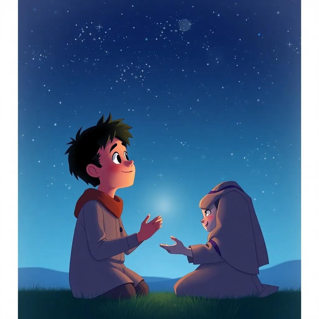 A heartwarming moment of Adam and Yahya reflecting on their friendship under the starry sky, peaceful setting, soothing colors, digital art, emotional and warm