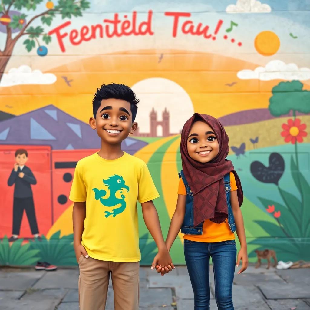 Adam and Yahya standing side by side with big smiles, holding hands in front of a mural depicting their friendship journey, vibrant and inspiring, illustration, bright colors