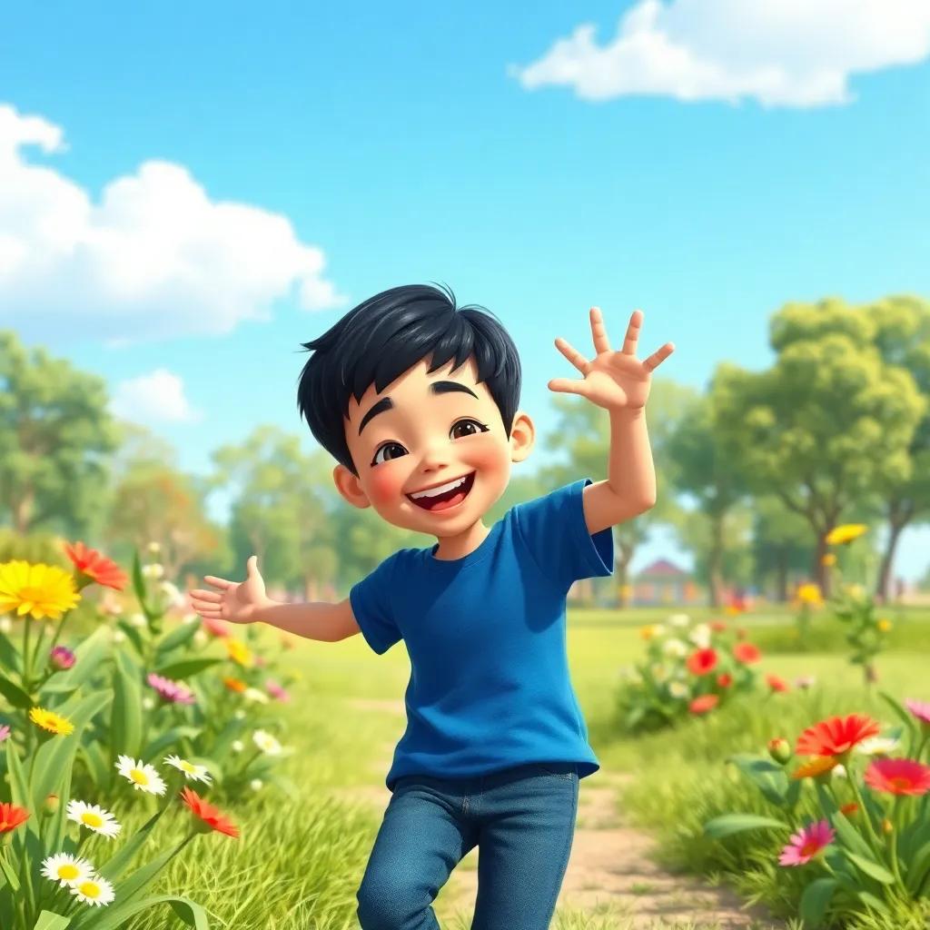 A young boy, Sami, with short black hair, wearing a blue t-shirt and jeans, joyfully playing in a sunny park with a big smile, surrounded by flowers and trees, cheerful atmosphere, child-friendly art, high quality