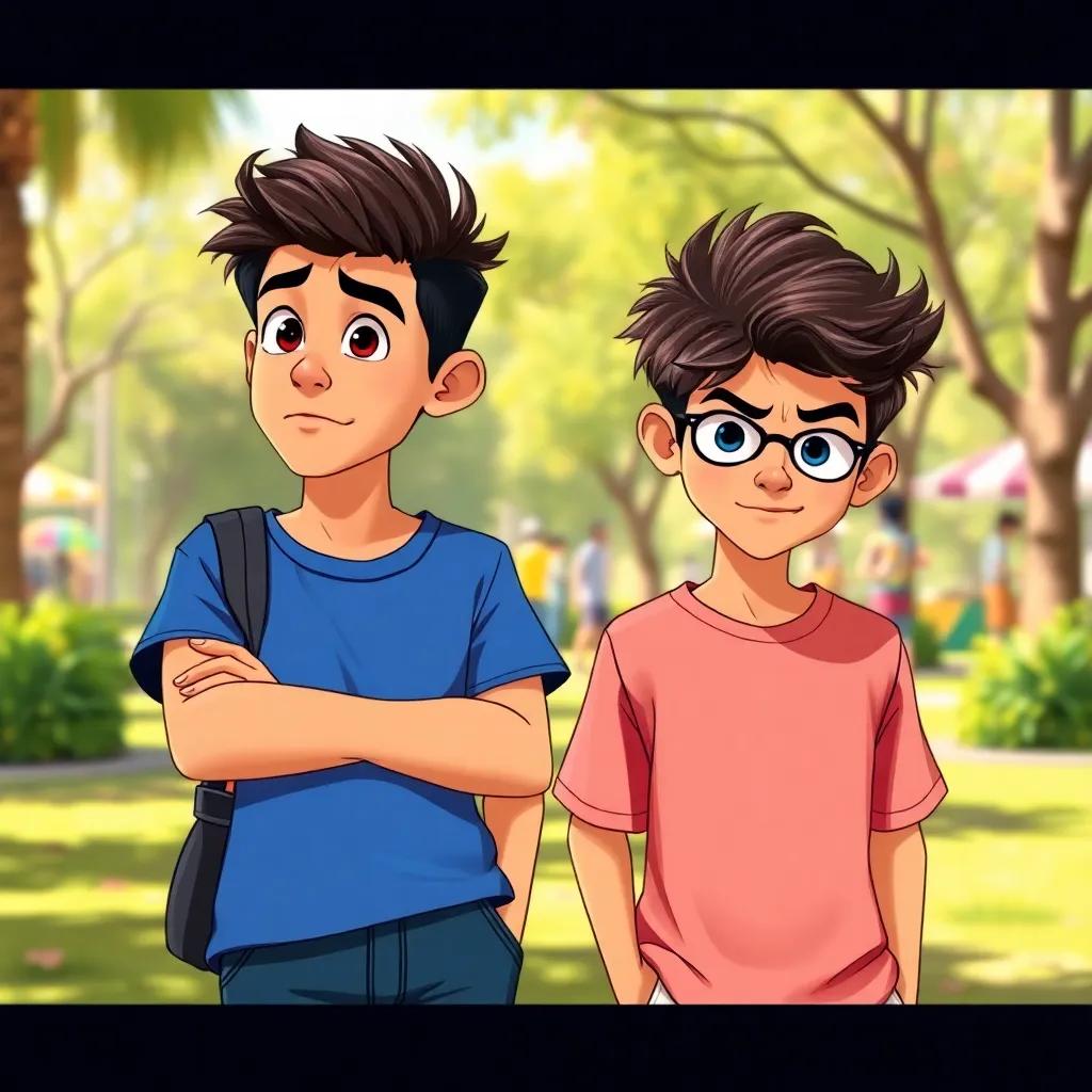 Two boys, Sami and Ali, in a lively park. Sami looks thoughtful with his blue t-shirt and jeans, while Ali, with tousled hair and a red shirt, shows a rebellious expression. Bright, sunny day, colorful background, vibrant and engaging tone, illustration