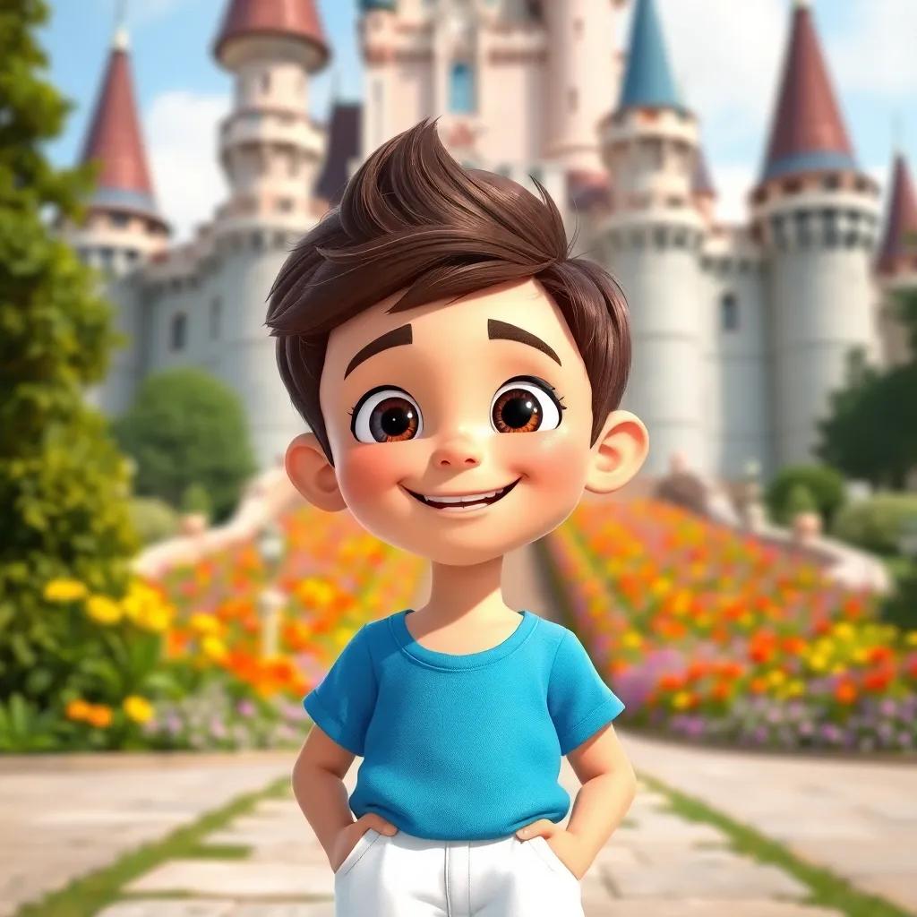 A young boy, Sami, with short brown hair wearing a bright blue shirt and white shorts, standing proudly in front of a big castle with a colorful flower garden, joyful expression, sunny day, digital art, vibrant colors, inviting atmosphere, high quality