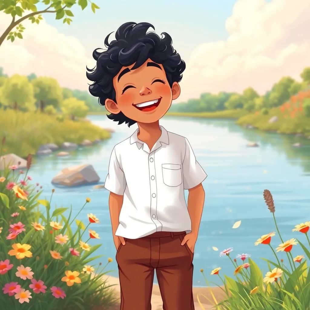 A young boy, Ali, with curly black hair wearing a simple white shirt and brown pants, laughing with joy by a river, surrounded by flowers and nature, cheerful scene, illustration, warm color palette, friendly vibe, high quality