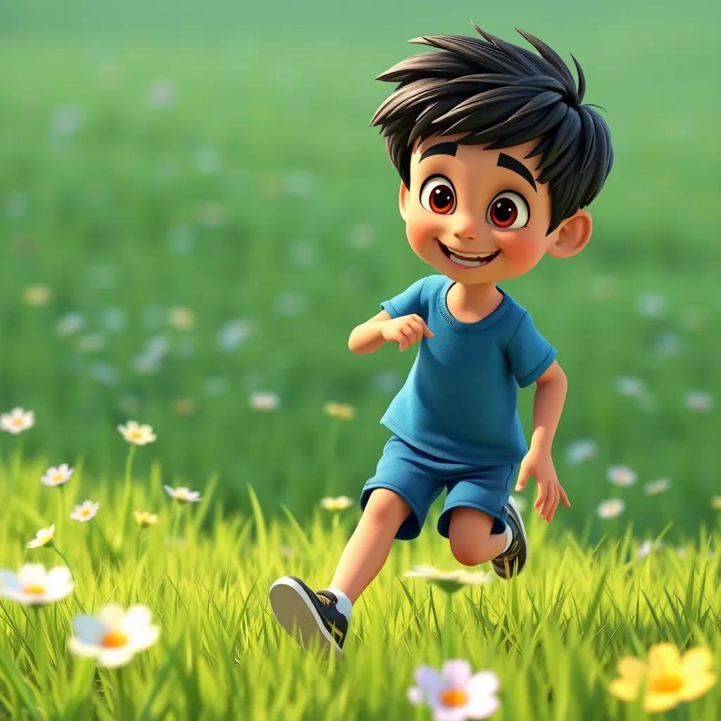 A mischievous boy named Sami, with short black hair, wearing a blue t-shirt and shorts, playing in a beautiful green field with flowers, digital art, bright colors, cheerful atmosphere, child-friendly