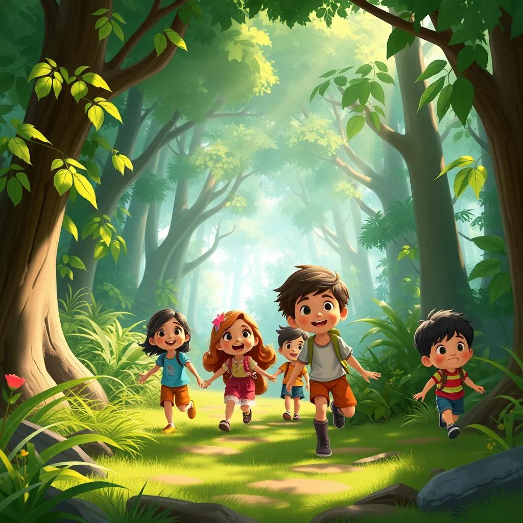 A group of children, including Sami, entering a lush green forest, excited and ready for adventure, with sunlight shining through the trees, illustration, vibrant colors, playful setting, child-friendly