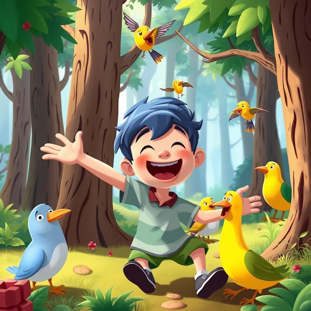 Sami, the mischievous boy, doing funny tricks in the forest, with his friends laughing, surrounded by trees and birds, cartoon style, colorful, joyful mood, child-friendly