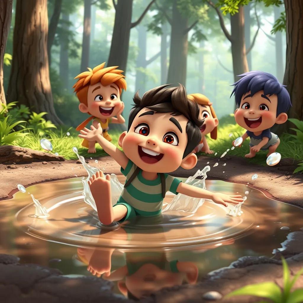 Sami falling into a water puddle in the forest, with splashes around him, while his friends laugh, bright colors, lively scene, illustration, humorous and fun, child-friendly