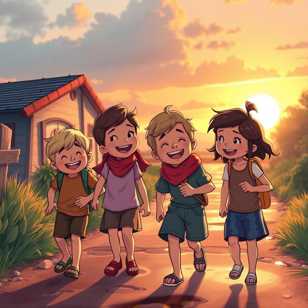 Children returning home from an adventure, laughing and chatting, with Sami still wet but smiling, sunset in the background, heartwarming, warm colors, friendly atmosphere, illustration