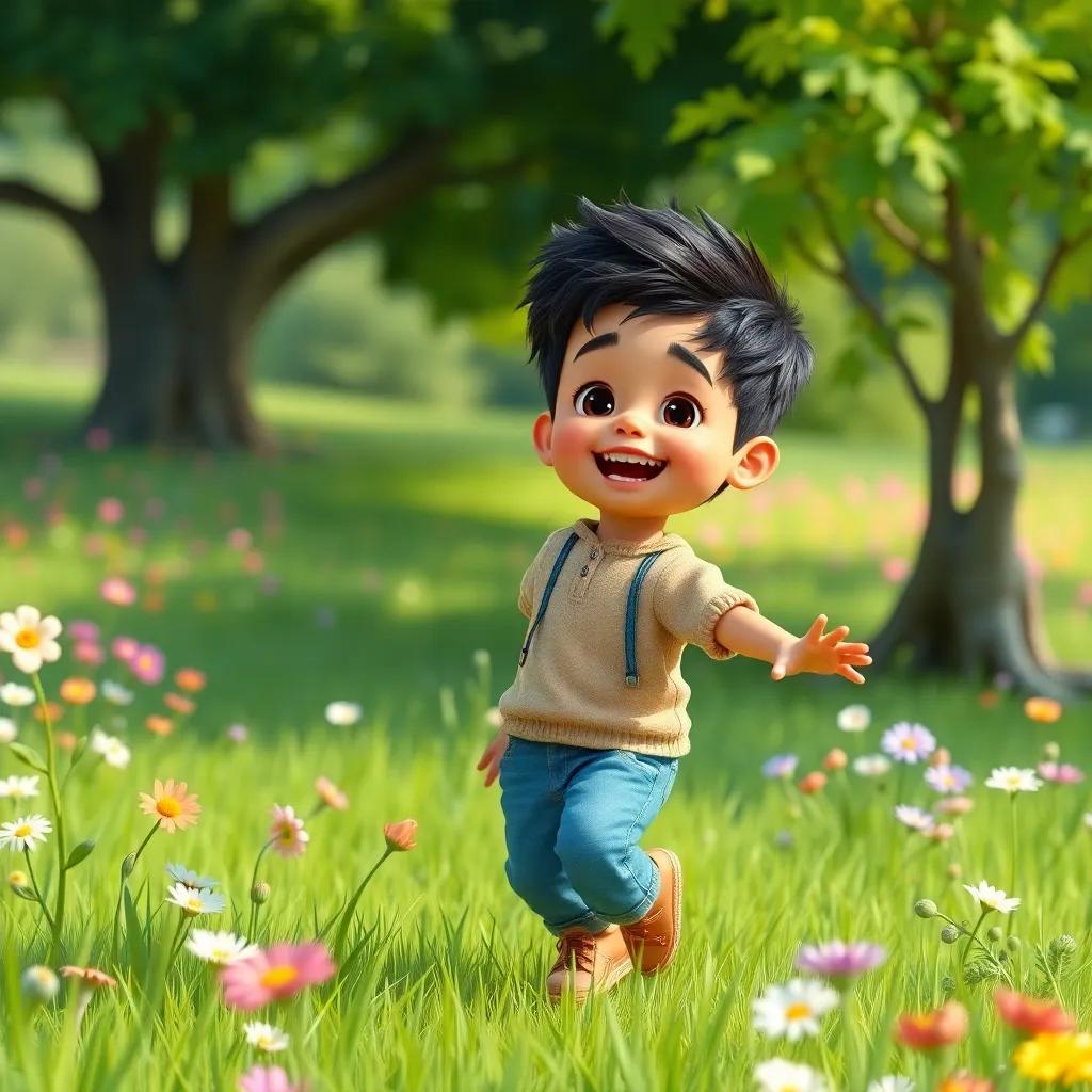 A small boy, a Middle Eastern child, with short black hair and casual clothes, playing joyfully in a beautiful green field, surrounded by flowers and trees, digital art, bright colors, cheerful atmosphere, high quality