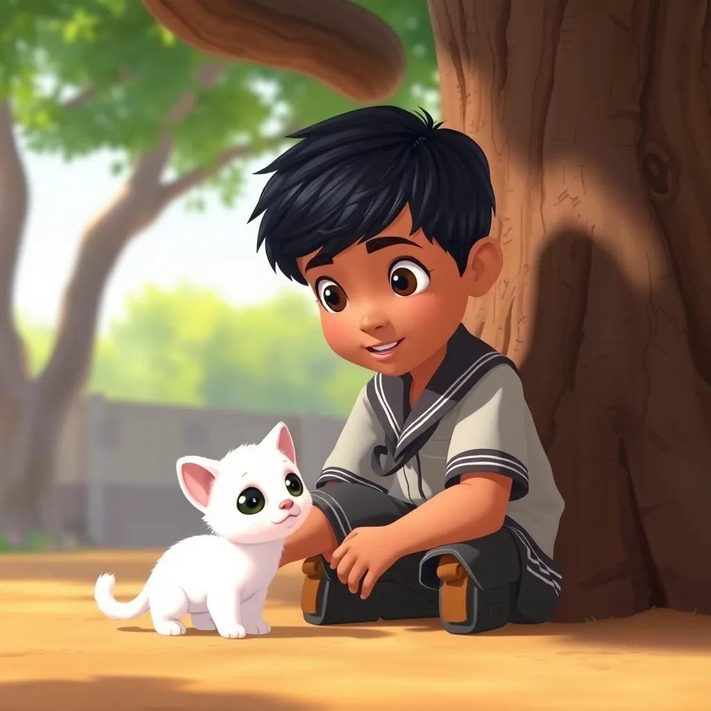 A young Arab boy, Salim, with short black hair wearing a school uniform, kneeling by a big tree, looking curiously at a small white kitten with wide eyes, digital art, warm colors, caring atmosphere, high quality