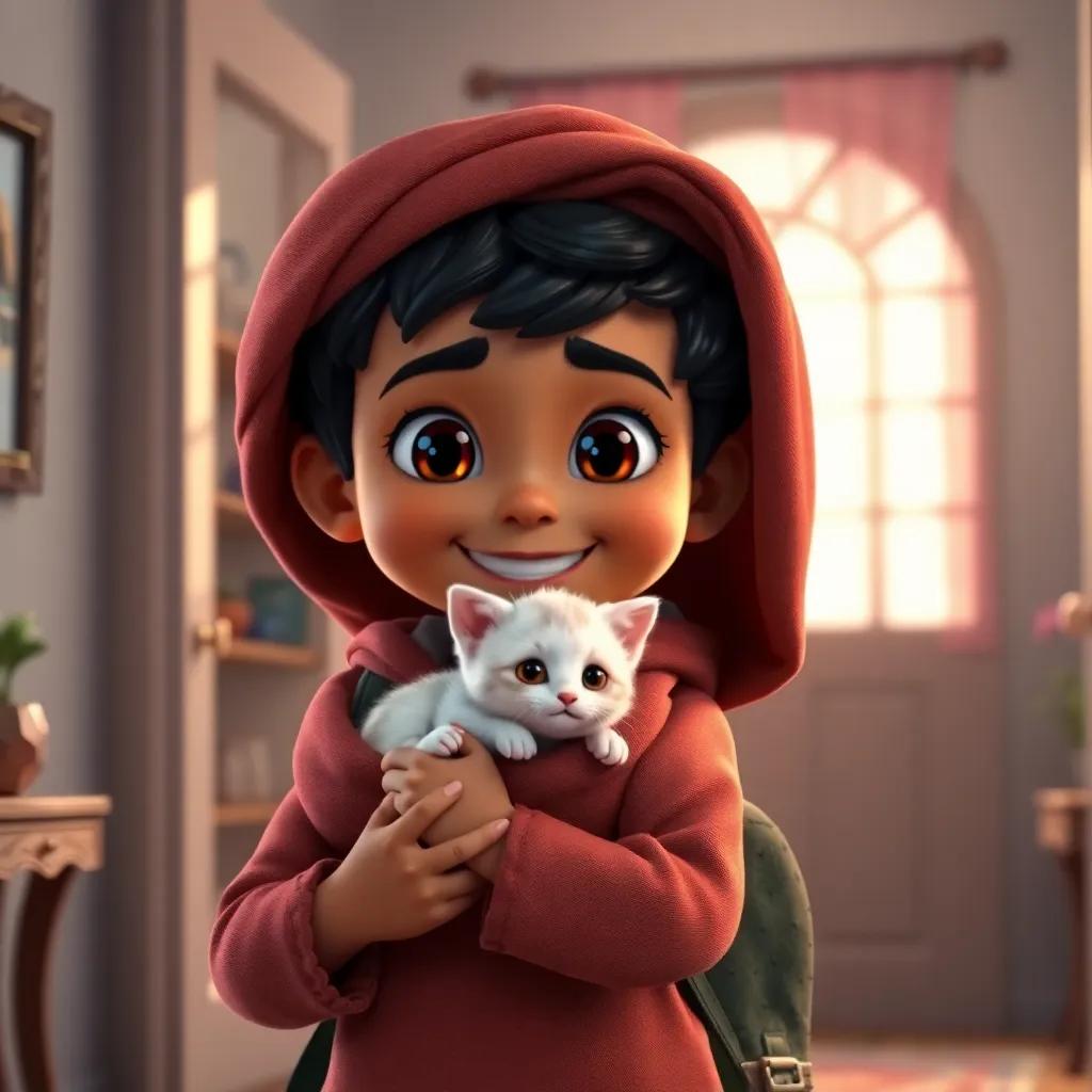A young Arab boy, Salim, holding a small white kitten named Bayda in his warm backpack, entering a cozy home with bright light, happiness in the air, colorful interior, high quality