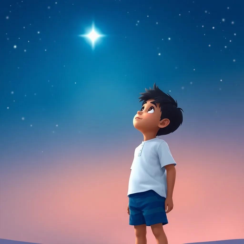 A young Arab boy, الوليد, with short black hair, wearing a simple white shirt and blue shorts, looking up at a bright star in the night sky, digital art, vibrant colors, whimsical atmosphere, capturing wonder