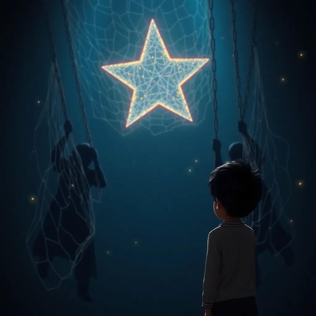 A young Arab boy, الوليد, with short black hair, approaching a beautiful star tangled in a net held by shadowy figures, dramatic lighting, dark colors, intense perspective, sense of urgency