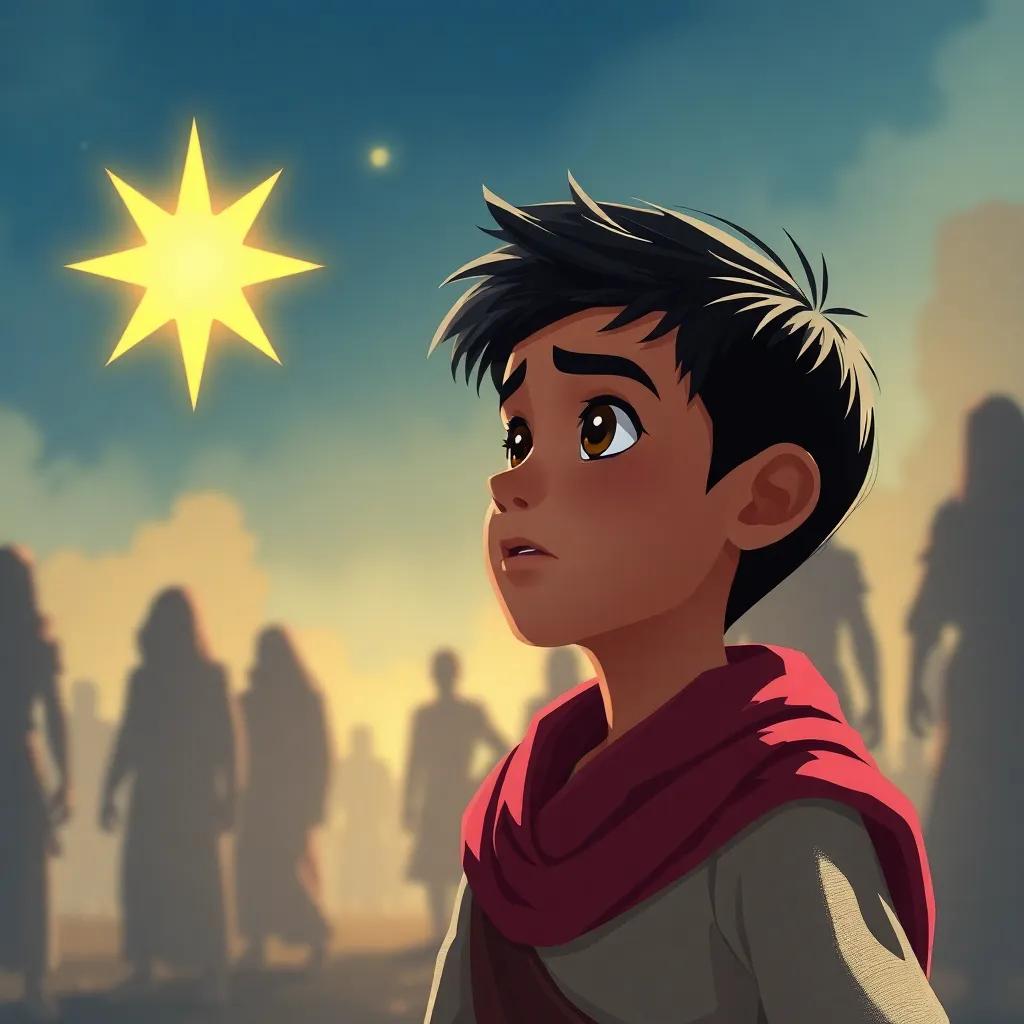 A determined young Arab boy, الوليد, with short black hair, speaking to a beautiful star, his expression one of bravery, surrounded by shadowy figures retreating in the background, digital art, hopeful colors, uplifting feel