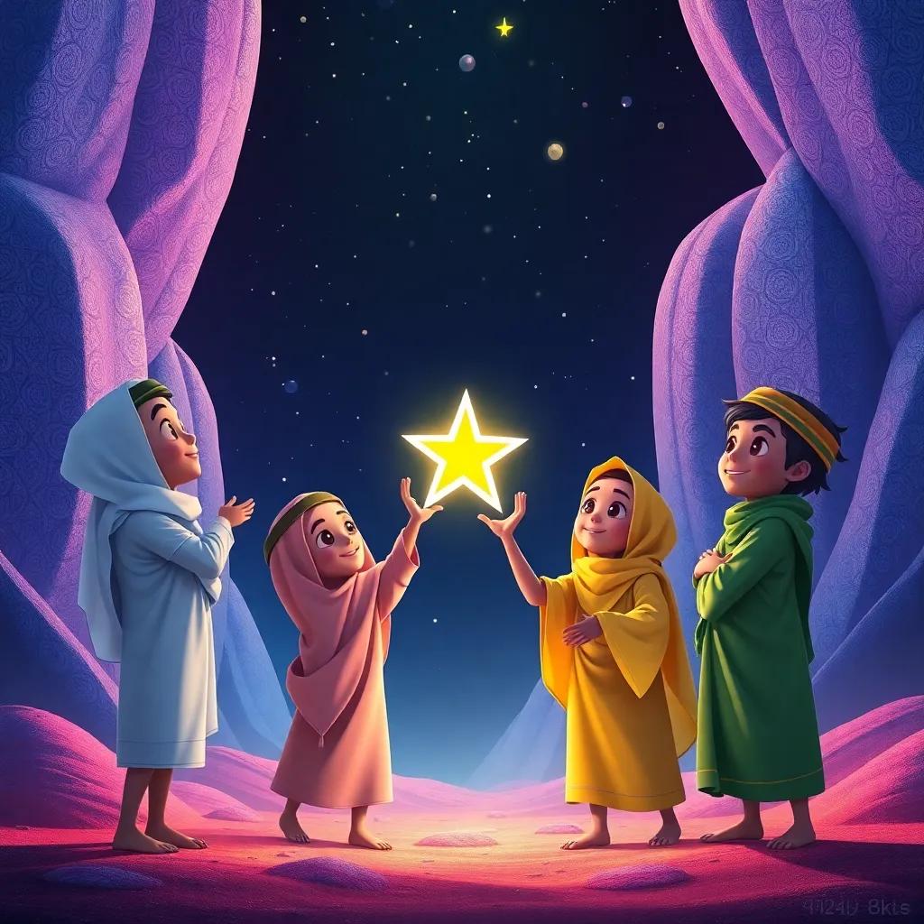 A group of young Arab children, including الوليد, working together to free the trapped star, showing teamwork, colorful environment, bright light, magical atmosphere, inspiring image