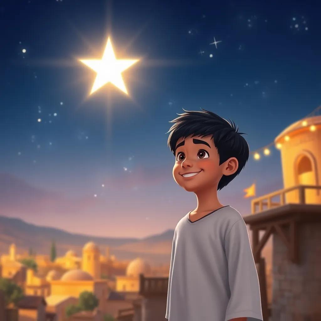 A young Arab boy, الوليد, with short black hair, standing next to the shining star in the sky, looking happy as the star illuminates the village below, joyful scene, warm light, vibrant and cheerful atmosphere
