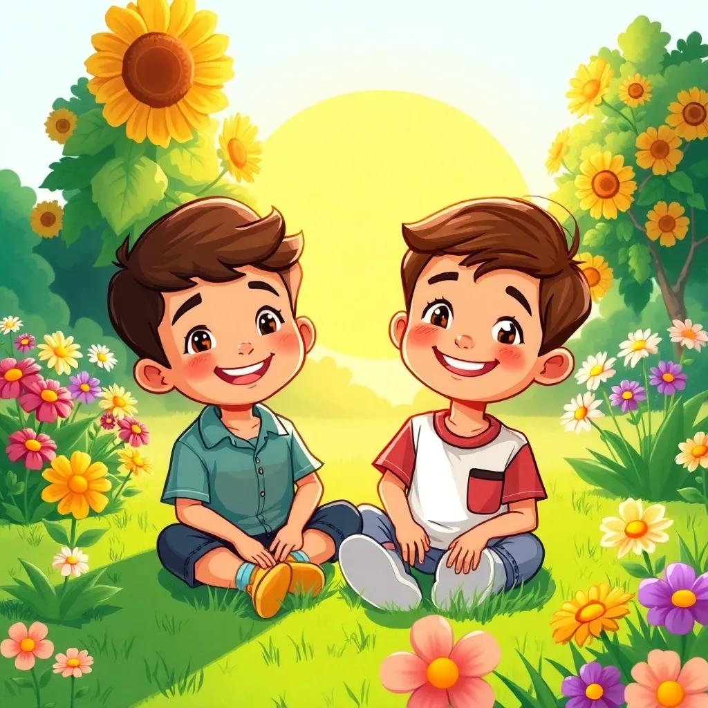 A bright sunny morning in a cheerful garden, depicting two boys, Suleiman and Younes, with bright smiles and casual clothes, sitting on a green lawn, surrounded by colorful flowers, illustration, vibrant colors, warm light, inviting atmosphere, high quality