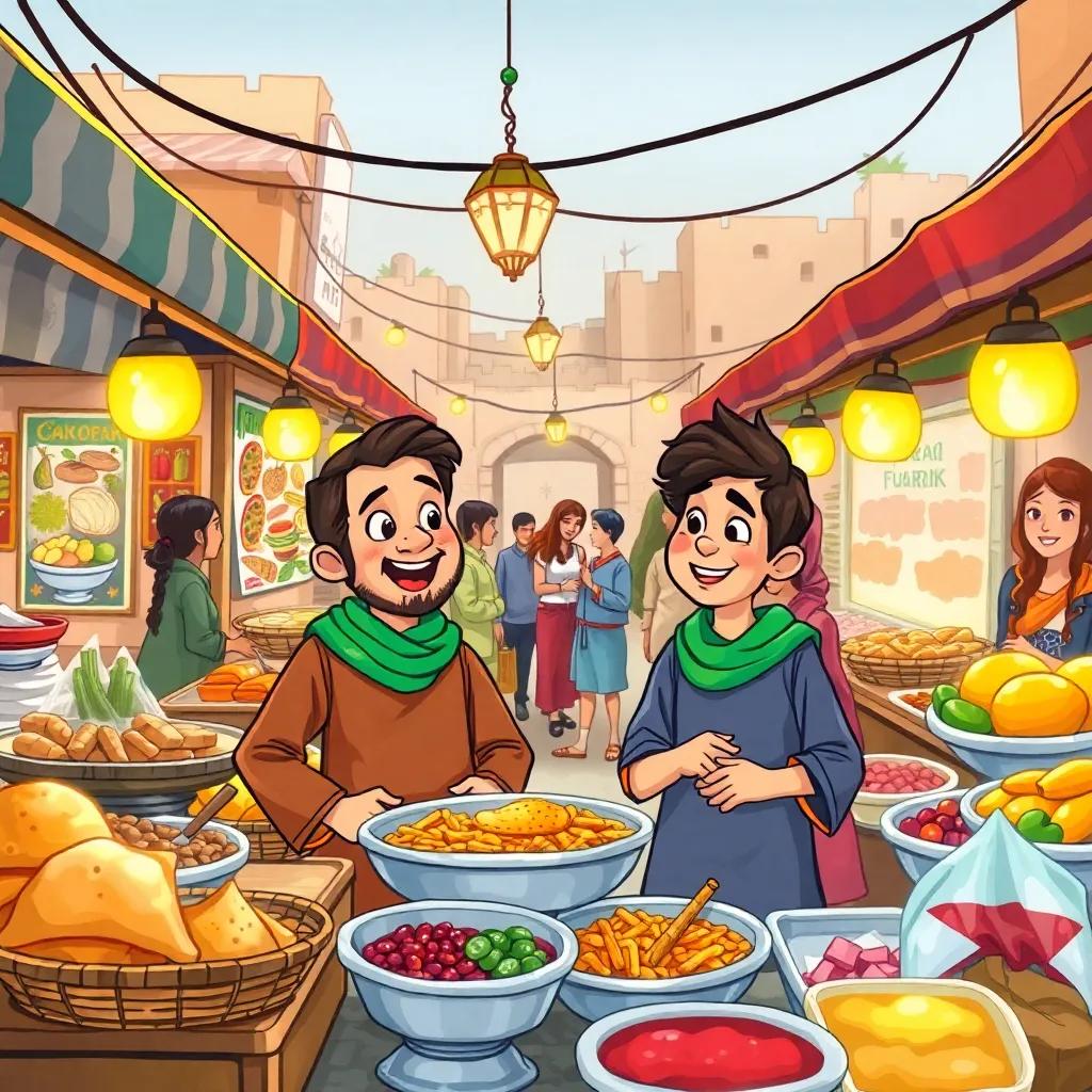 A bustling market in Boufarik with an assortment of food stalls, showing Suleiman and Younes looking excited, traditional foods being served, people chatting and laughing in the background, colorful, lively, cheerful, high quality