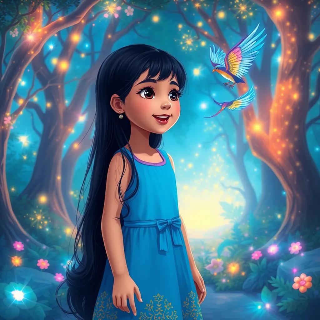 A young Arab girl, اليايلايل, with long black hair in a bright blue dress, excitedly looking at a colorful bird in a magical forest, filled with sparkling lights and vibrant trees, digital painting, whimsical, enchanting setting, high quality