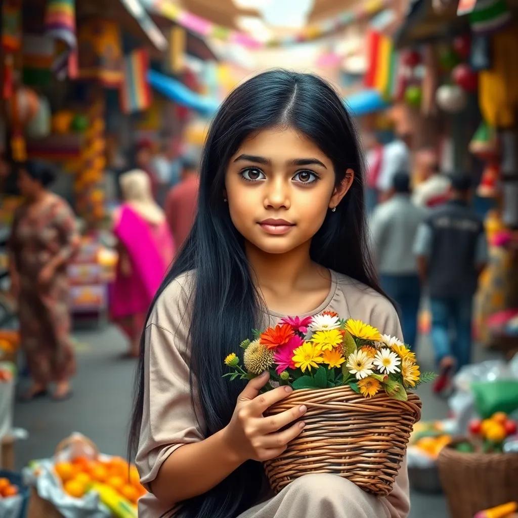 A young Arab girl, Leila, with long black hair, wearing a simple dress, holding a basket of flowers, sitting in a colorful market full of bustling people, digital art, vibrant colors, warm and inviting atmosphere, high quality