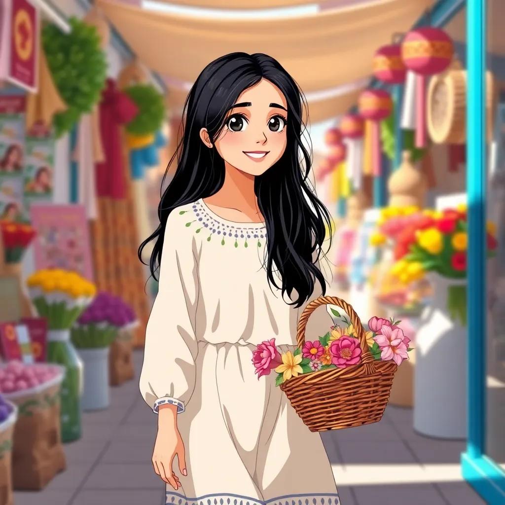 Leila, a young Arab girl with long black hair in a simple dress, walking through the market with a basket of flowers, bright sunny day, cheerful atmosphere, illustration, lively, joyful scene