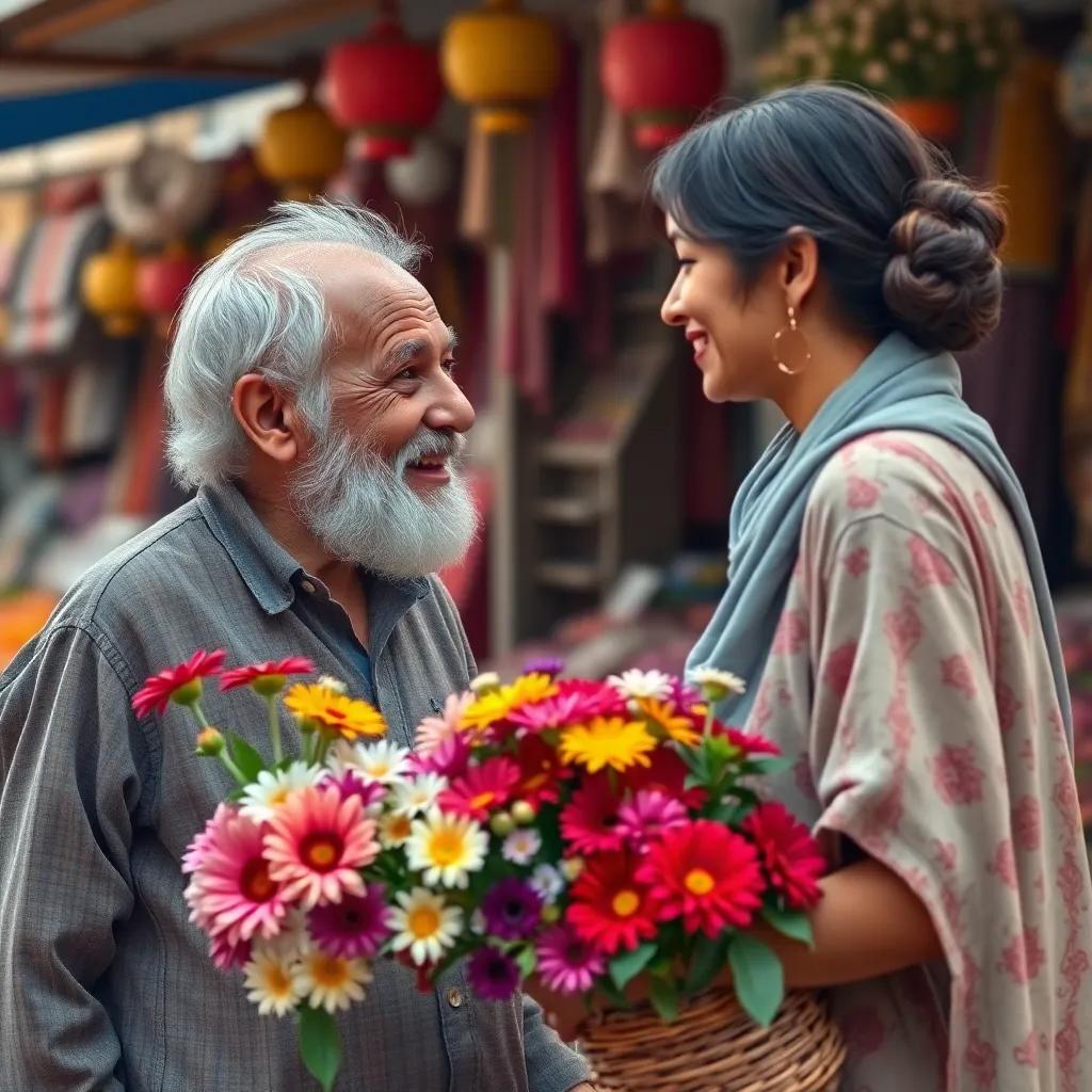 An old man looking at Leila in the market, smiling at her beautiful flower basket, colorful market setting in the background, friendly interaction, digital painting, warm colors, uplifting, high quality