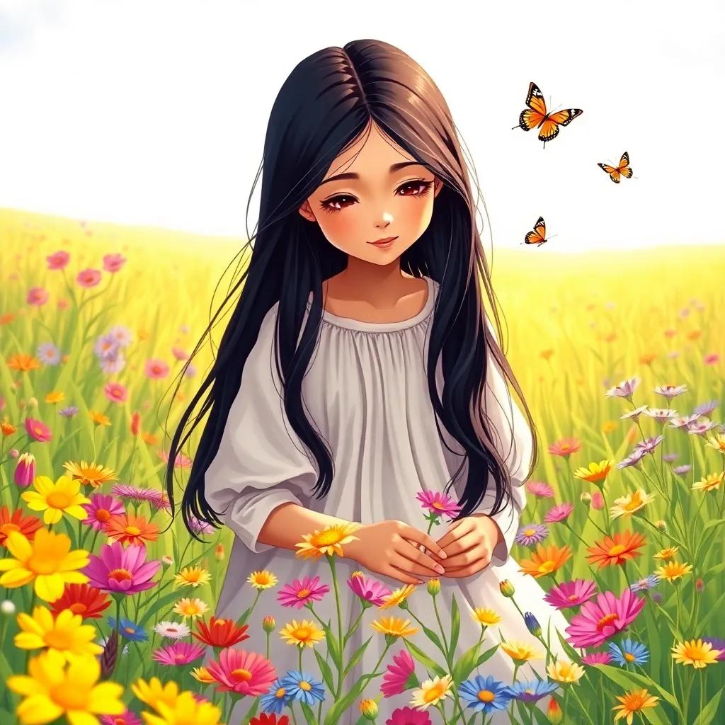 Leila, a young Arab girl with long black hair in a simple dress, picking flowers in a sunny field, surrounded by colorful flowers and butterflies, bright cheerful setting, illustration, detailed, vibrant colors