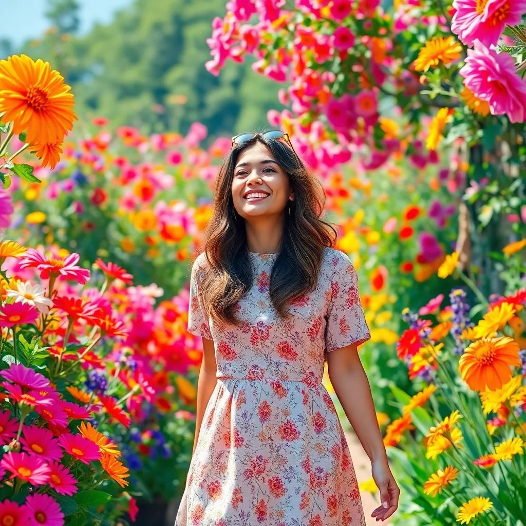 Leila entering the vibrant garden with colorful flowers, amazed by the beauty and colors, flowers swaying in the wind, cheerful and lively scene, digital painting, bright colors, high quality, joyful
