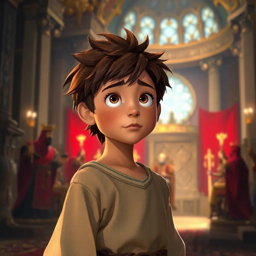 A young boy, Sami, with messy brown hair in a simple tunic, standing bravely before a cruel king in a grand throne room, looking determined, detailed digital painting, rich colors, dramatic light, high quality