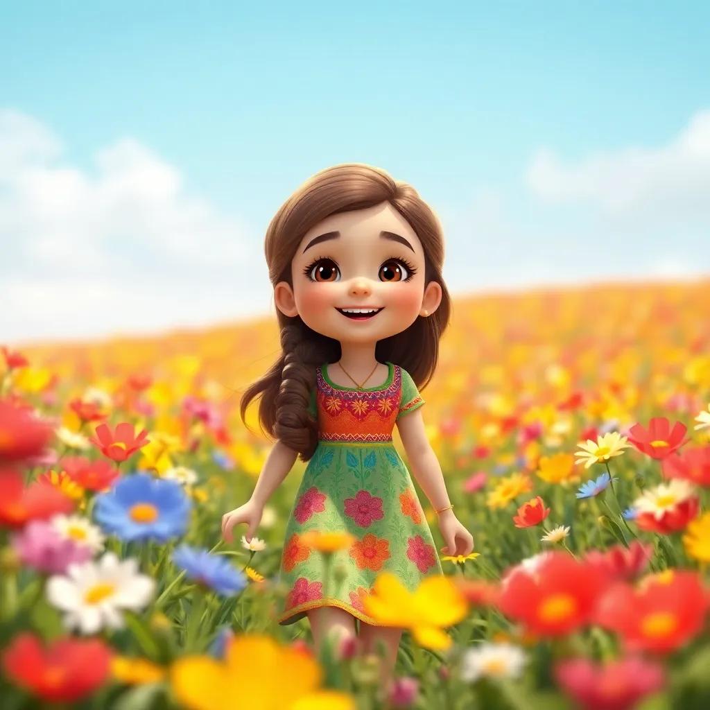 A cheerful young Arab girl, الين, with brown hair wearing a colorful dress, happily walking through a beautiful flower field under a blue sky, digital art, vibrant colors, warm atmosphere, high quality