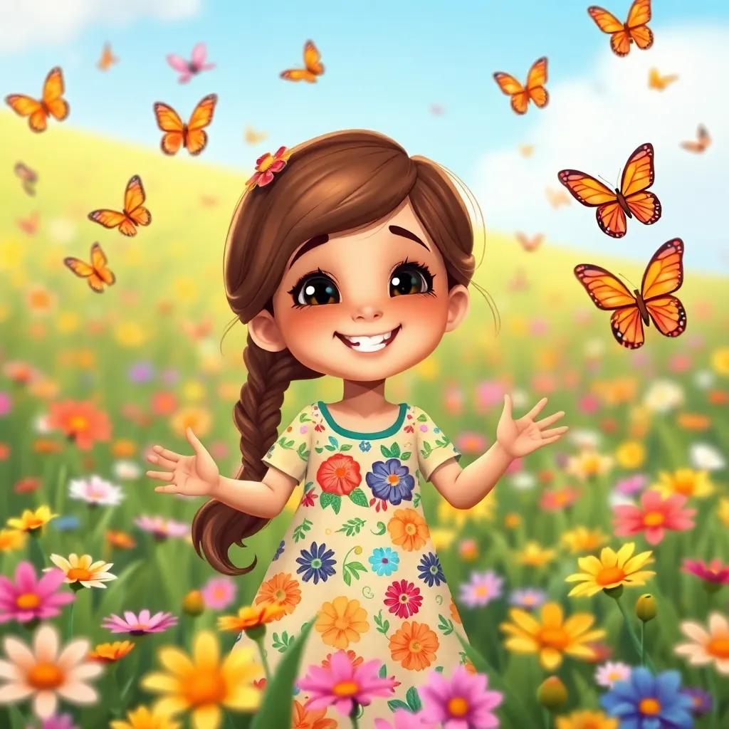الين, a cheerful young Arab girl with brown hair in a colorful dress, playing in a flower field surrounded by colorful butterflies, joyful expression, colorful flowers around, illustration, cheerful, child-friendly, high quality