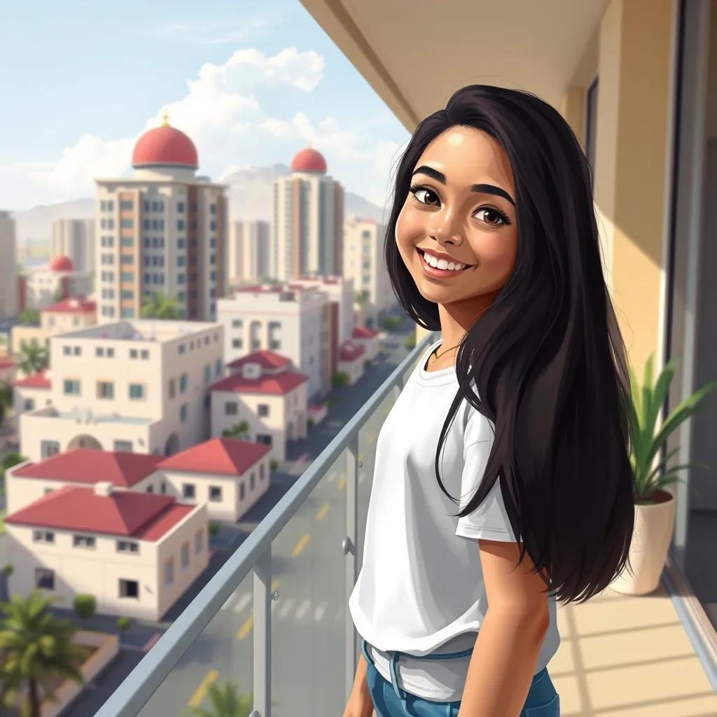 A modern neighborhood in Riyadh with a girl named Layan, 12 years old, with long dark hair, wearing a casual t-shirt and jeans, standing on a balcony overlooking the city, daytime scene, bright colors, smiling, optimistic vibe, digital art
