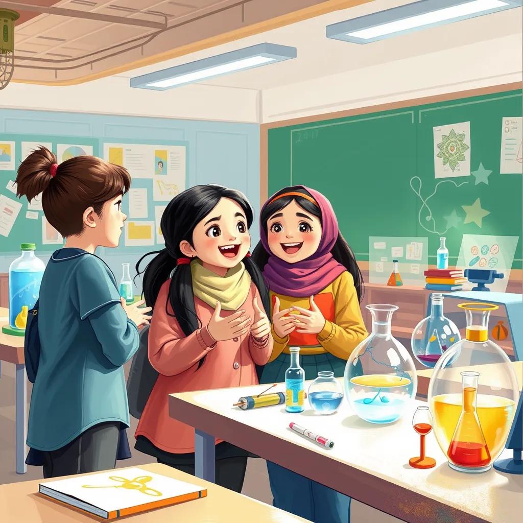 Layan and her friends excitedly discussing during 'Innovation Day' at their school, wearing colorful clothes, with a variety of science projects displayed around them, bright classroom atmosphere, cheerful, collaborative energy, digital illustration