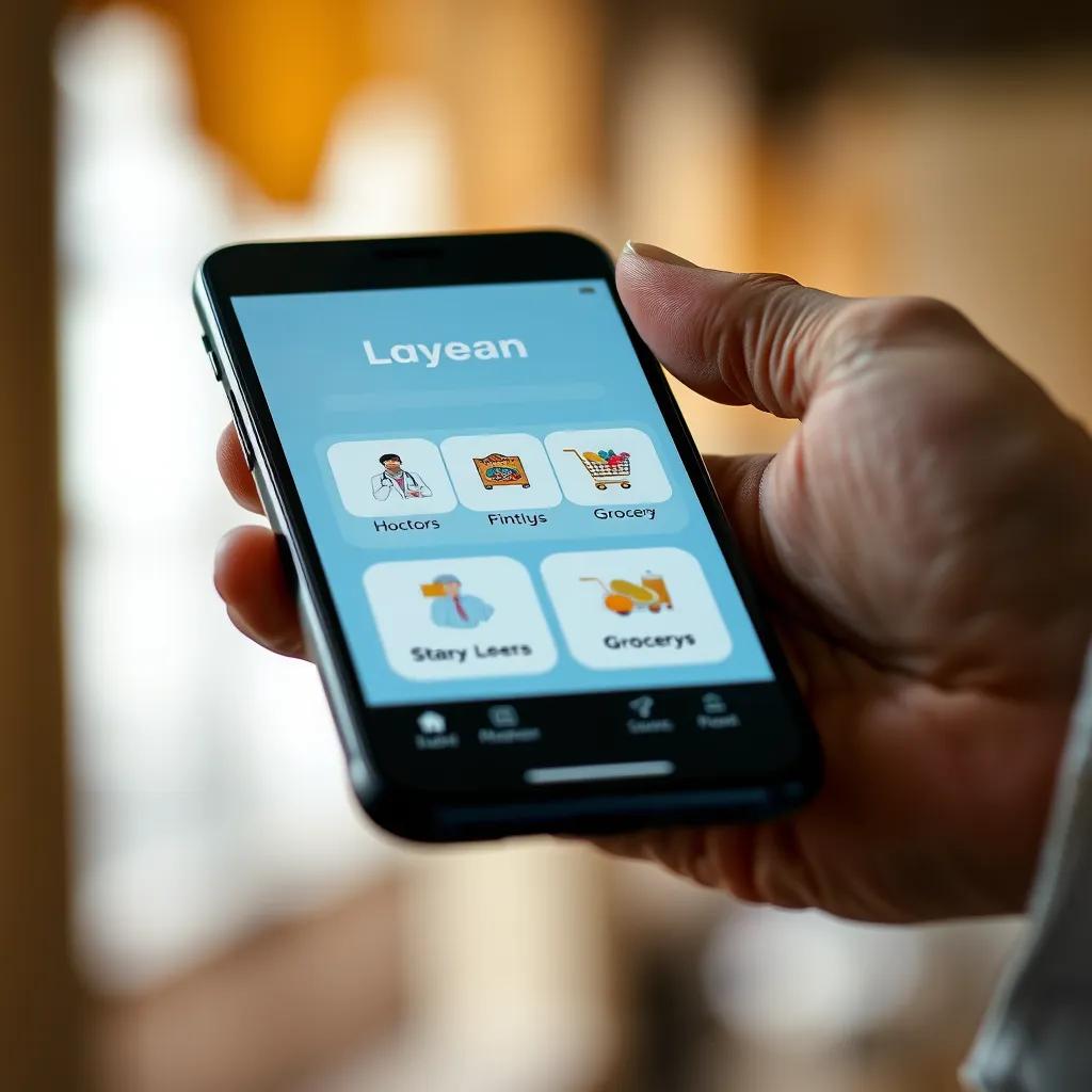 A smartphone with Layan's app on the screen, showing a simple and friendly interface designed for elderly users, with icons of doctors and groceries, in a warm light, focused product shot, clean design