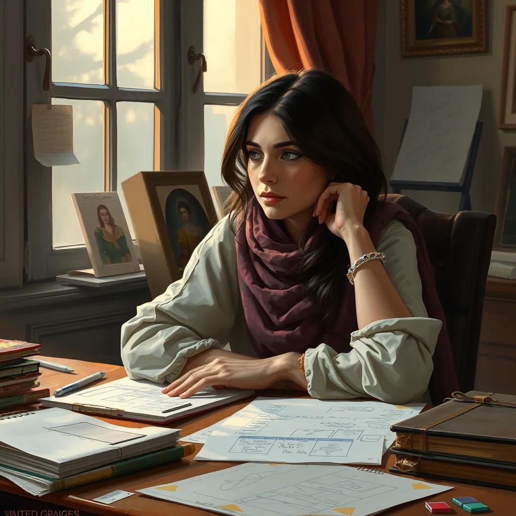 A determined Layan sitting at her desk, surrounded by notes and sketches, deep in thought while facing challenges, warm evening light coming through the window, focused expression, inspiring atmosphere, digital painting