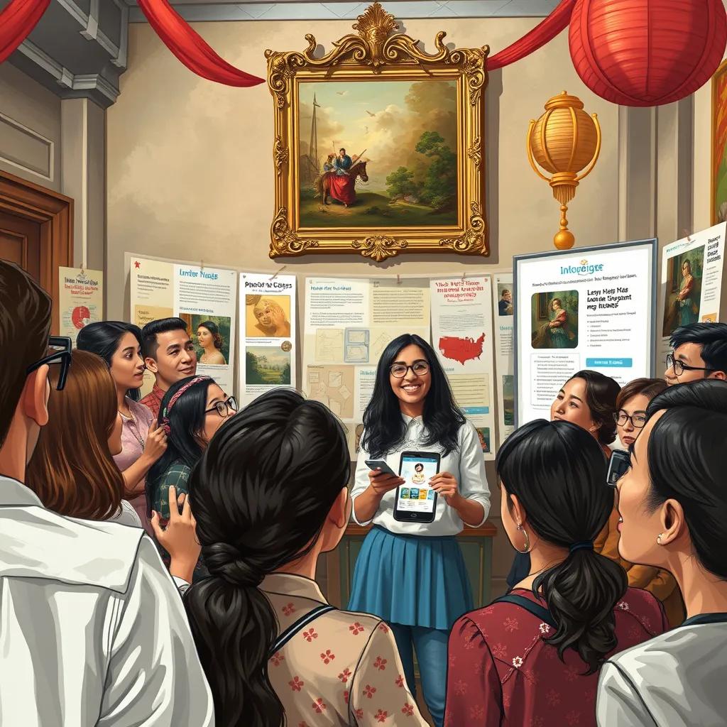 A vibrant scene of Layan presenting her app at the 'Innovation Day', with an audience of curious neighbors, excited atmosphere with posters and decorations around, bright smiles, engaging environment, high quality digital art