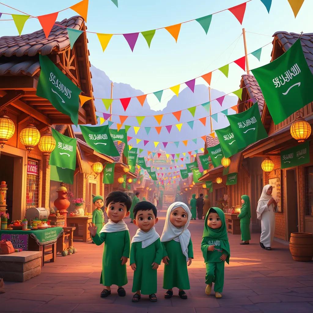 A festive village scene during Saudi National Day, with colorful flags and children wearing traditional green outfits, digital art, vibrant colors, joyful atmosphere, high quality