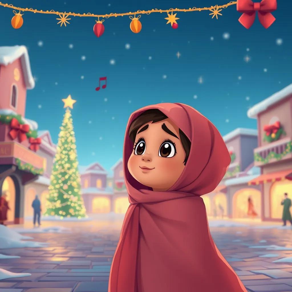 Leila, a small Saudi girl, looking at holiday decorations in the village square, twinkling lights like stars, with music playing in the background, illustration, cheerful, child-friendly, high quality