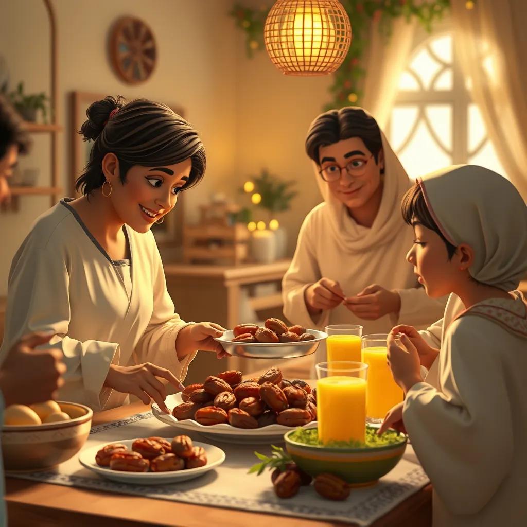 A family of Leila preparing holiday treats, including date cakes and delicious juice, sharing food with friends and neighbors, warm light, inviting atmosphere, realistic, high quality
