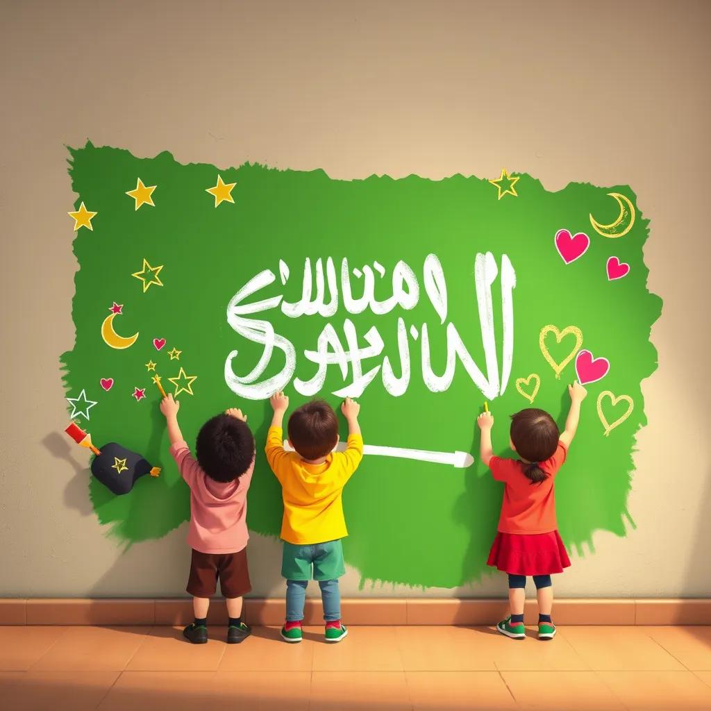 Children drawing on walls with colors of the Saudi flag, with stars, crescent, and hearts, depicting their excitement and love for their country, digital art, colorful, fun, high quality
