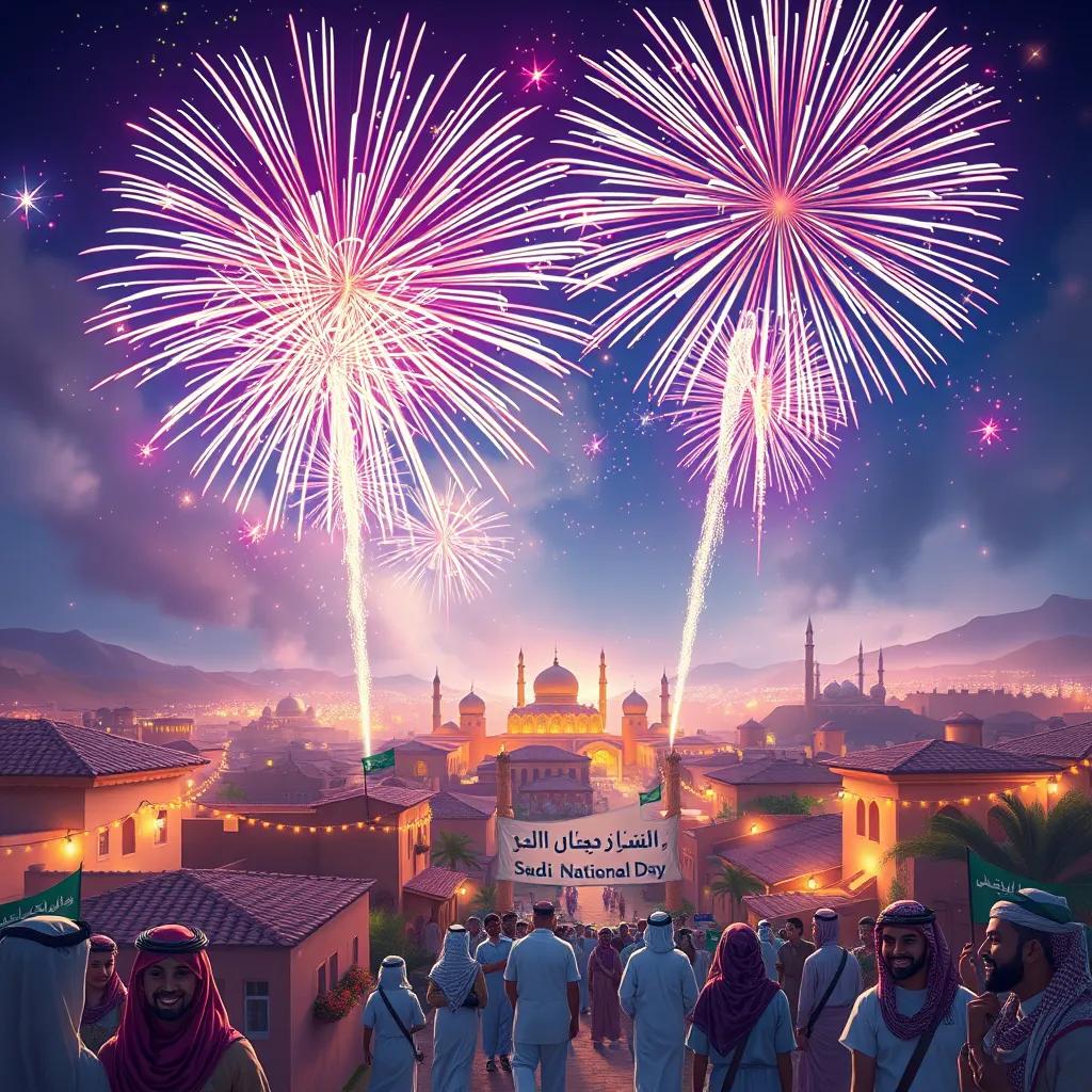 A spectacular fireworks display lighting up the sky over the village during Saudi National Day celebrations, with bright colors and smiles on everyone's faces, digital painting, magical, uplifting, high quality