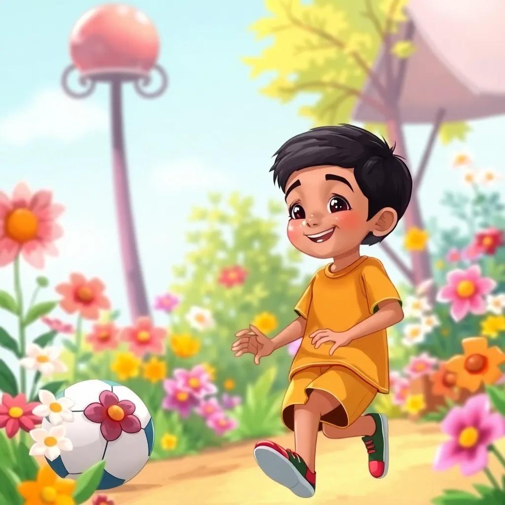 A young Arab boy, Ahmed, with short black hair and wearing a bright t-shirt and shorts, playing with a ball in a colorful garden with flowers blooming, cheerful environment, sunny day, digital art, vibrant colors, joyful atmosphere, high quality
