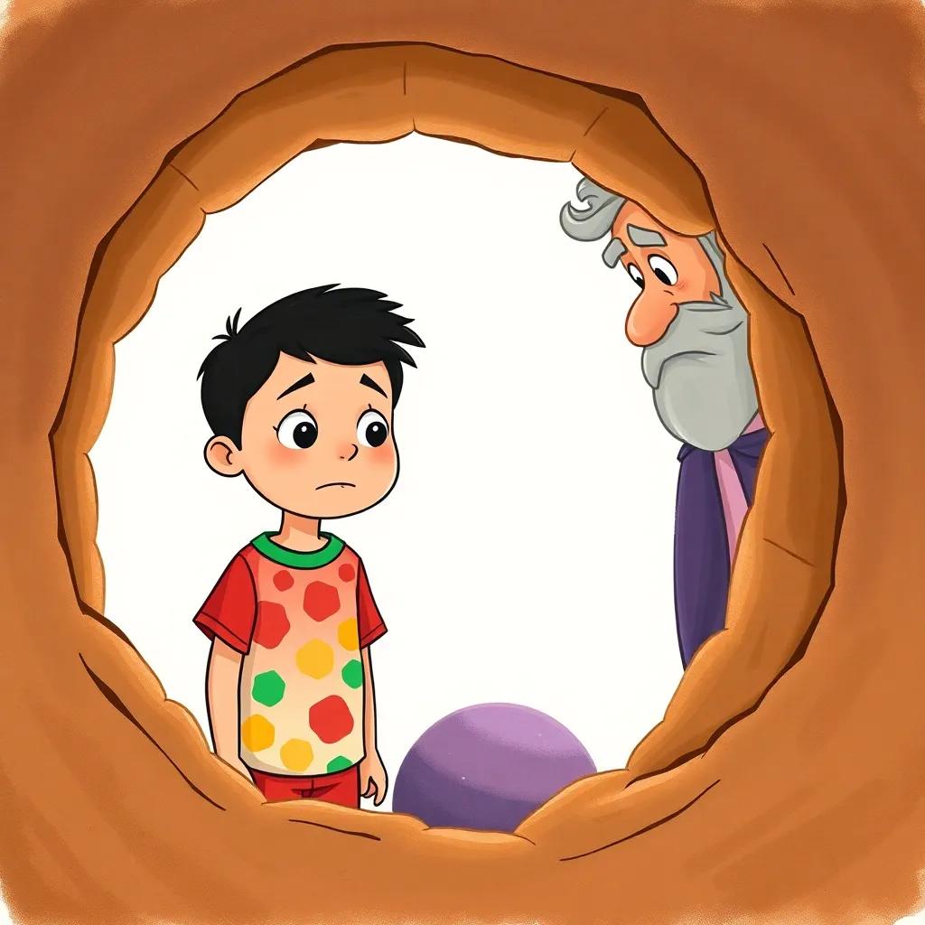 Ahmed, a young Arab boy with short black hair in a colorful t-shirt, looking worried at a big hole with a ball inside, his grandfather standing nearby looking protective, illustration, worried expression, warm colors, friendly style, child-friendly